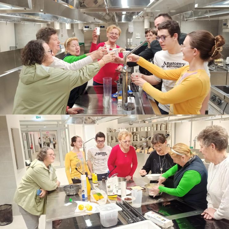 Kolaž fotografija snimljenih u profesionalnoj kuhinji Turističko-ugostiteljske škole u Splitu. Naši članovi i polaznici kulinarske radionice snimljeni na fotografijama.