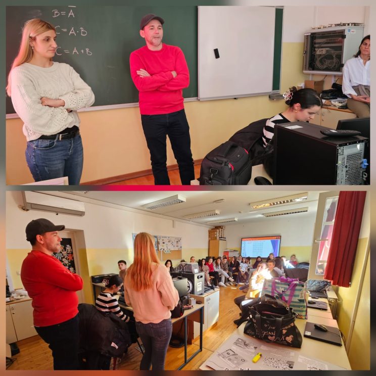 Kolaž fotografija iz razreda OŠ Tin Ujević Krivodol. Učenici pozorno prate predavanje Ivana i Ivane.