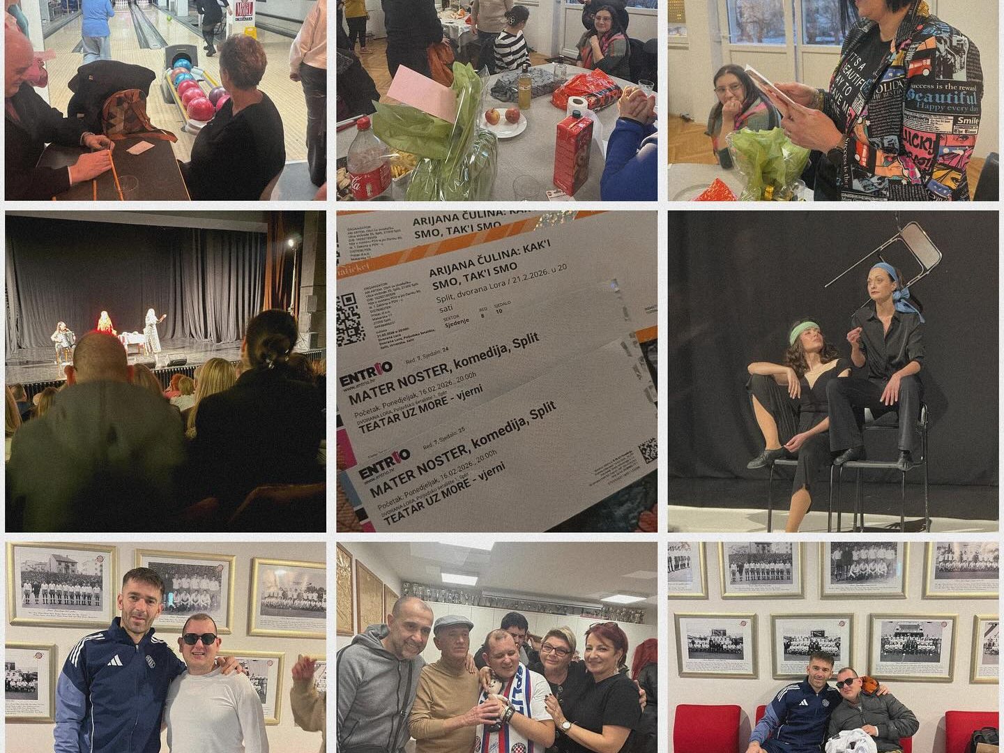 9 različitih kvadratnih fotografija ukomponirano u jedan prostor s 9 kvadratića. Opis fotografija od gornjeg reda s lijeva na desno: 1. kuglana i staza za kuglanje; 2. članovi okupljeni oko stola u udruzi; 3. Glavna videća pratiteljica Nena odmotava poklone za svoj rođendan; 4. fotografija predstave iz gledališta; 5. fotografija ulaznica za predstave Mater Noster i Adrijana Čulina: Kak'i smo, tak'i smo; 6. fotografija scene predstave Mater Noster; 7. - 9. fotografije Jakova i Marka Livaje te Jakova s članovima udruge nakon što smo mu pripremili iznenađenje i organizirali upoznavanje sa njegovim idolom.