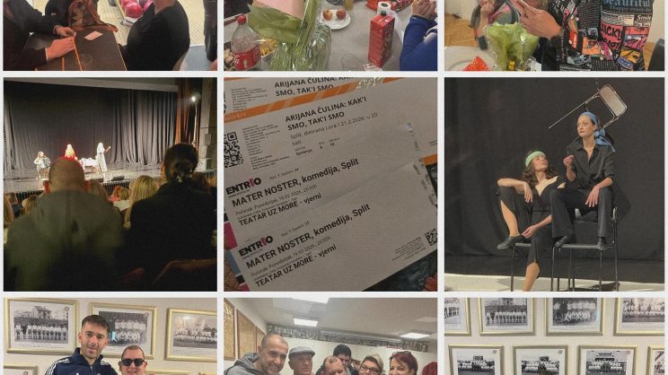 9 različitih kvadratnih fotografija ukomponirano u jedan prostor s 9 kvadratića. Opis fotografija od gornjeg reda s lijeva na desno: 1. kuglana i staza za kuglanje; 2. članovi okupljeni oko stola u udruzi; 3. Glavna videća pratiteljica Nena odmotava poklone za svoj rođendan; 4. fotografija predstave iz gledališta; 5. fotografija ulaznica za predstave Mater Noster i Adrijana Čulina: Kak'i smo, tak'i smo; 6. fotografija scene predstave Mater Noster; 7. - 9. fotografije Jakova i Marka Livaje te Jakova s članovima udruge nakon što smo mu pripremili iznenađenje i organizirali upoznavanje sa njegovim idolom.