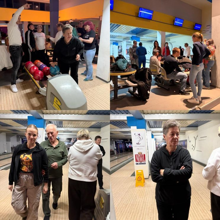 Kolaž fotografija sa kuglanja, članovi se zagrijavaju i pripremaju strategiju za igru.