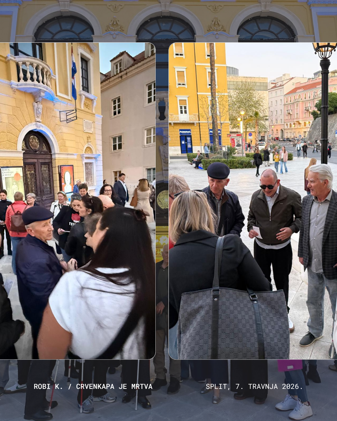 Dvije fotografije ljudi okupljenih na otvorenom na gradskom trgu, u razgovoru. U pozadini su vidljive zgrade i ulične svjetiljke.