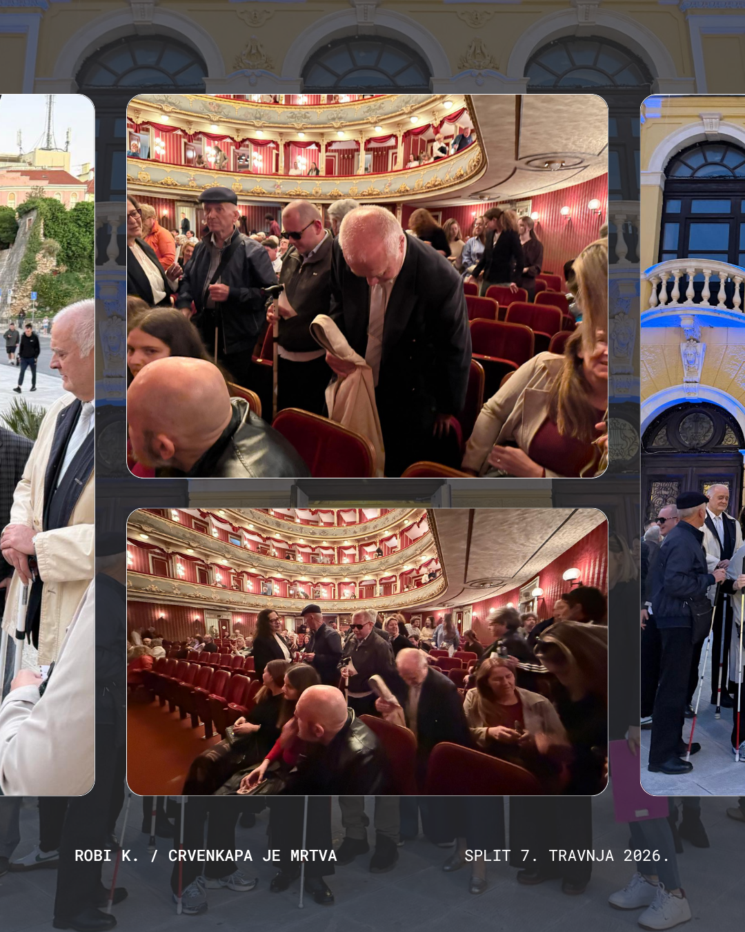 Posjetitelji, uglavnom starije osobe, ulaze i zauzimaju svoja mjesta u raskošno uređenom kazalištu s crvenim baršunastim sjedalima i zlatnim detaljima. Tekst pri dnu spominje Split i datum 7. travnja 2026.