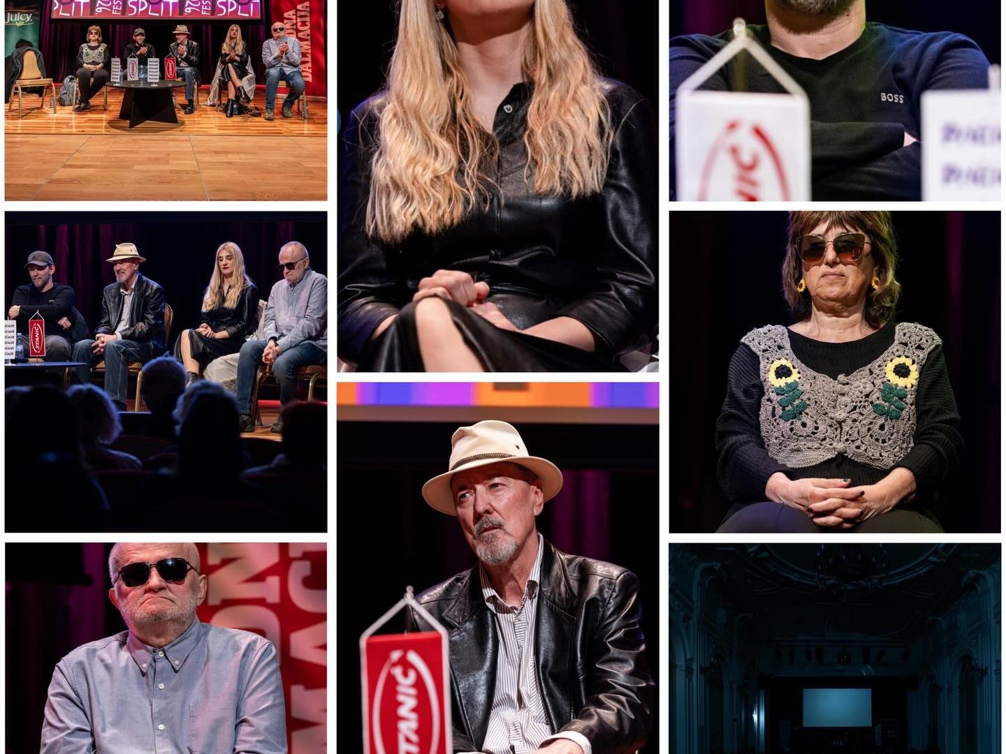 Kolaž fotografija s događanja prikazuje panel-rasprave sa sudionicima na pozornici, krupne kadrove pojedinaca te publiku koja u slabije osvijetljenom kazalištu prati program.