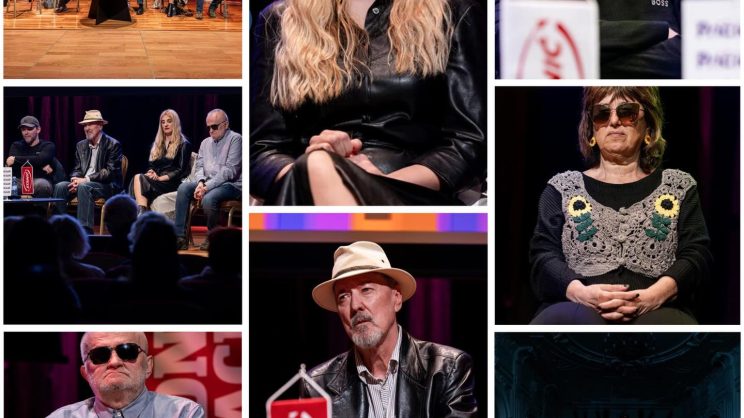 Kolaž fotografija s događanja prikazuje panel-rasprave sa sudionicima na pozornici, krupne kadrove pojedinaca te publiku koja u slabije osvijetljenom kazalištu prati program.